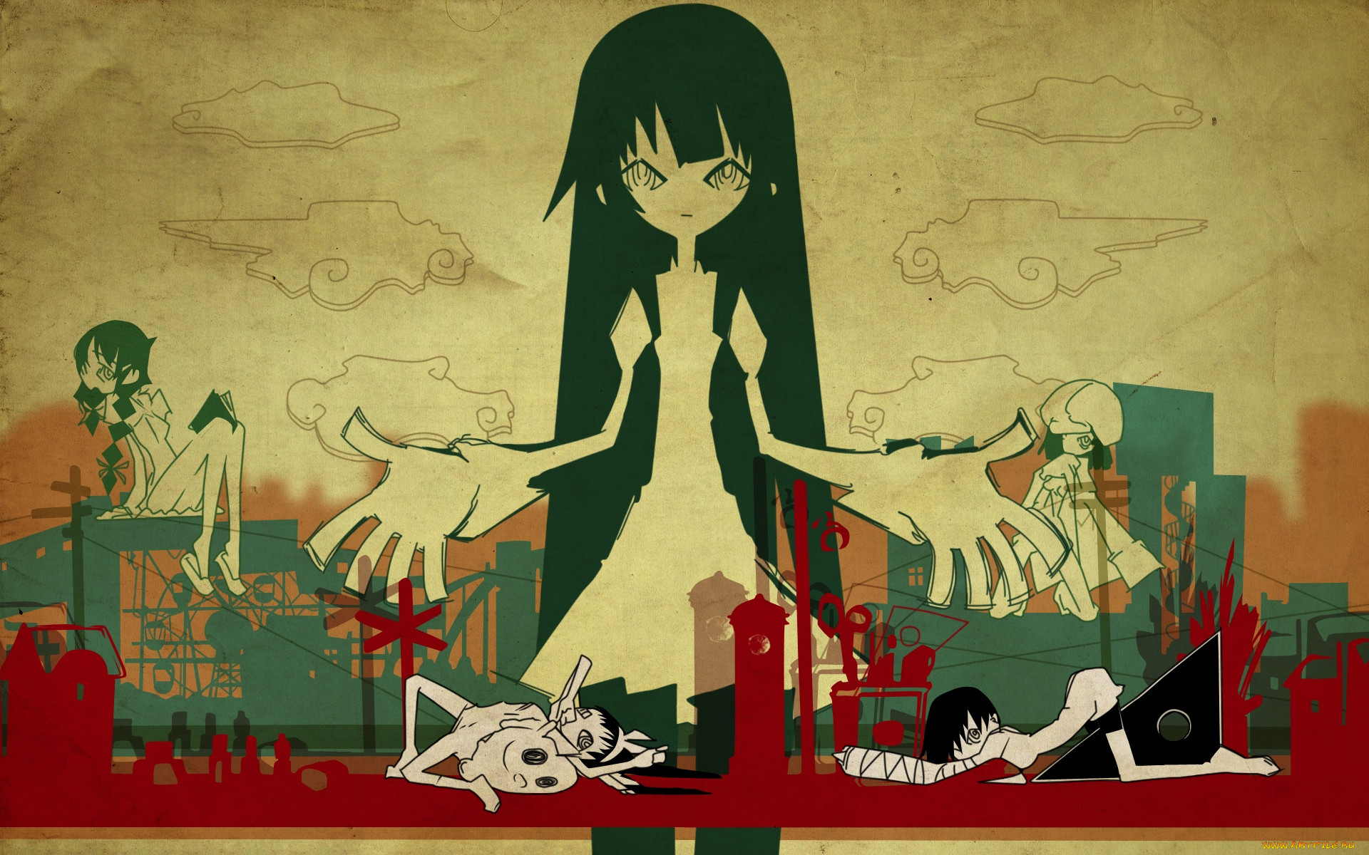 , bakemonogatari, senjougahara hitagi, kanbaru suruga, hachikuji mayoi, hanekawa tsubasa, sengoku nadeko, , 